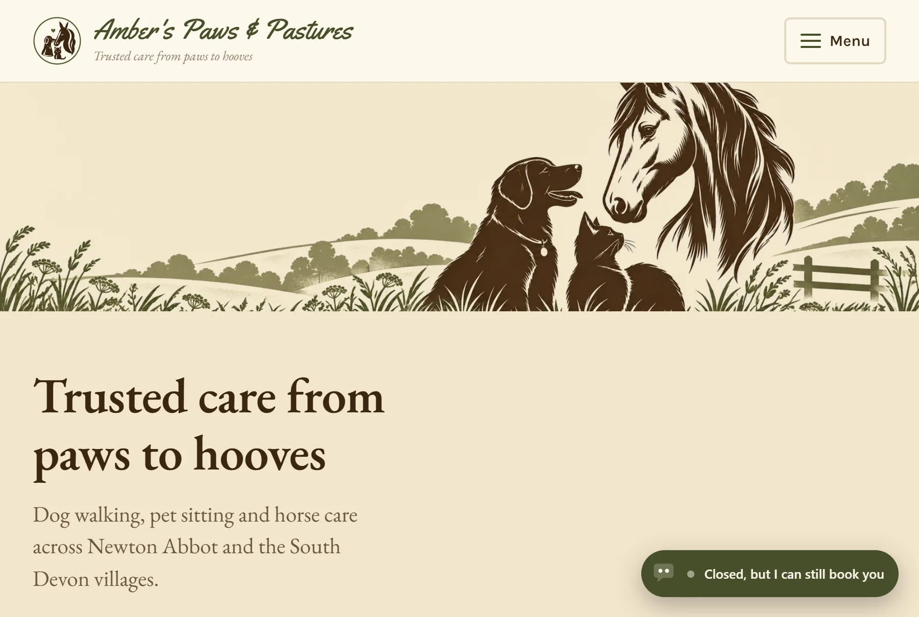amberspawsandpastures.com, a dog walking and horse care site built by Second Pair.