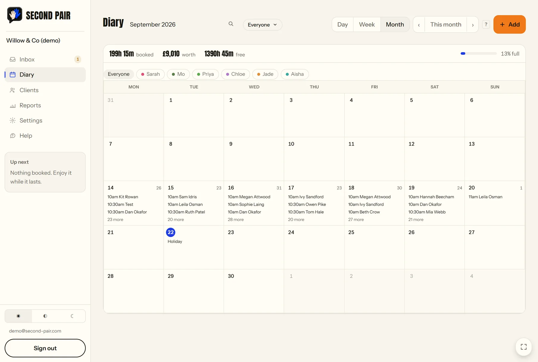 A month in the Second Pair diary, showing appointments across six stylists.