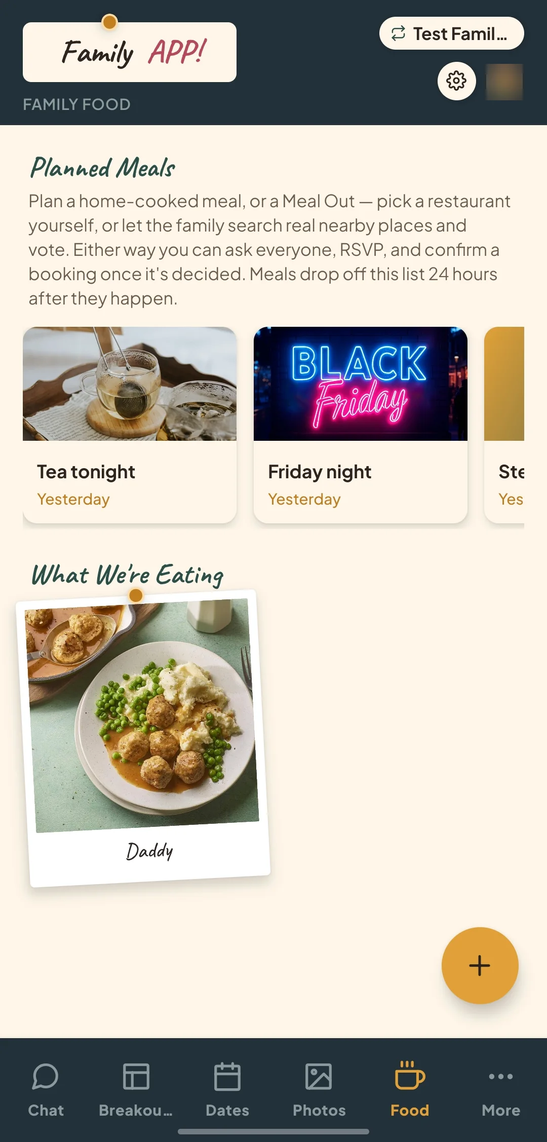 Family APP! food screen, with planned meals and what the family is eating.