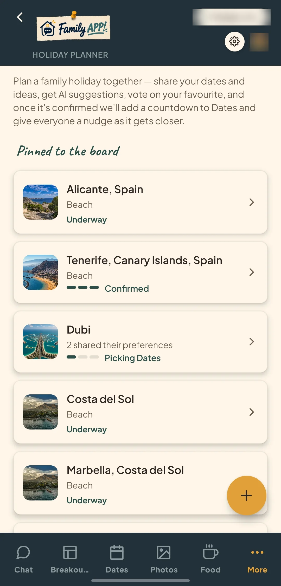 Family APP! holiday planner, with destinations pinned to the board.