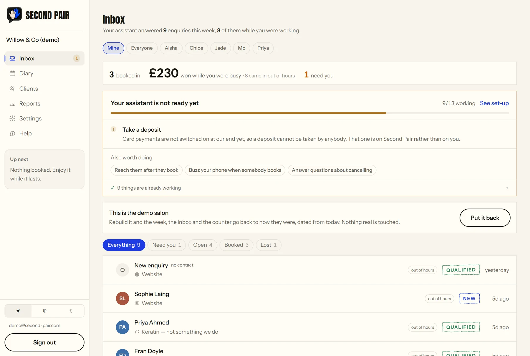 The Second Pair inbox, showing nine enquiries with their status and what they came to.