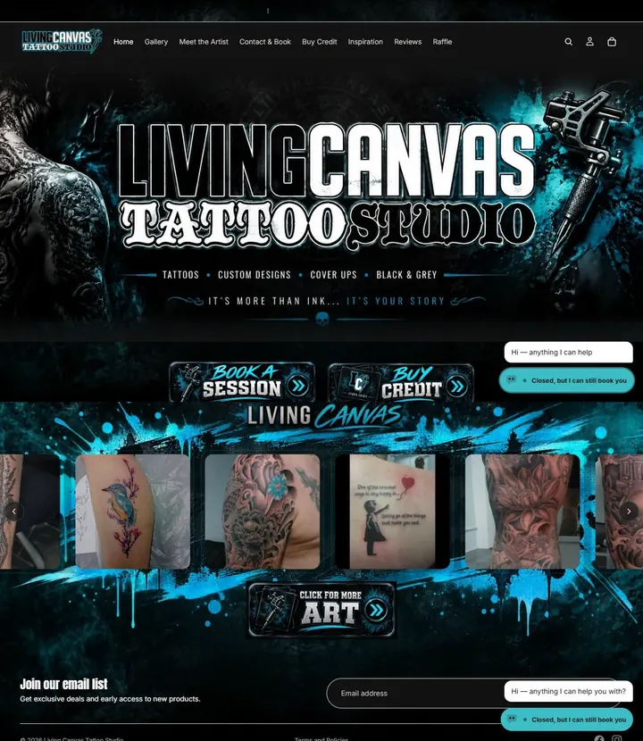 The home page of Living Canvas Tattoo Studio